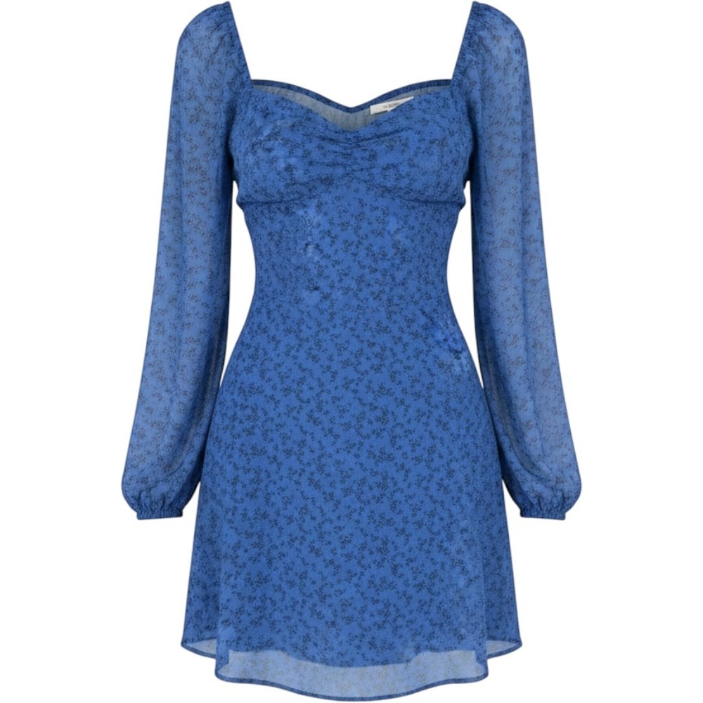 Hollister Blue Floral Mini Dress Medium Smocked Babydoll Puff Sleeve Y2K - Picture 6 of 11